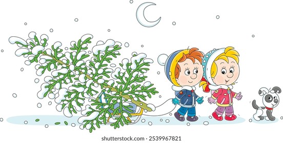 Happy little boy and girl with a funny puppy carrying a snowy fir tree on their small sled to decorate it to Christmas, vector cartoon illustration isolated on a white background