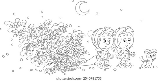 Happy little boy and girl with a funny puppy carrying a snowy fir tree on their small sled to decorate it to Christmas, black and white outline vector cartoon illustration for a coloring book page