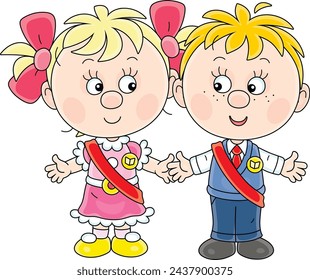 Happy little boy and girl graduates of kindergarten with red holiday ribbons at graduation party, vector cartoon illustration isolated on a white background