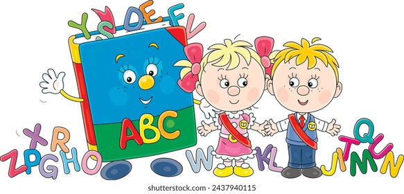 Happy little boy and girl graduates of kindergarten with red holiday ribbons and a funny cartoon character ABC book with colorful letters of English alphabet, vector illustration on white