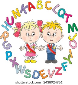 Happy little boy and girl graduates of kindergarten with red holiday ribbons and funny colorful letters of alphabet from ABC book, vector cartoon illustration isolated on a white background