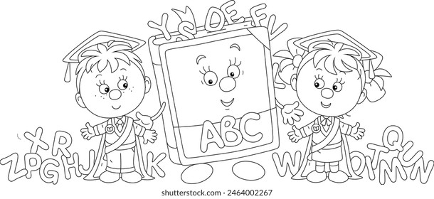 Happy little boy and girl graduates of kindergarten with academic caps and ribbons with a funny cartoon character ABC book with letters of alphabet, vector cartoon illustration