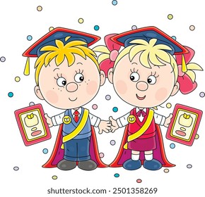 Happy little boy and girl graduates with academic caps, ribbons and diplomas at a ceremony, vector cartoon illustration on a white background