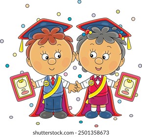 Happy little boy and girl graduates with academic caps, ribbons and diplomas at a ceremony, vector cartoon illustration on a white background