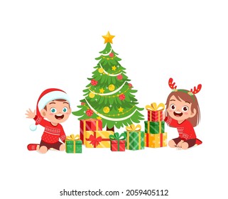 happy little boy and girl holding present for christmas