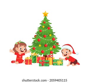 happy little boy and girl holding present for christmas