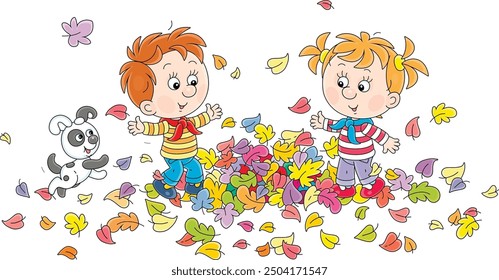 Happy little boy and girl with a merry puppy playing among colorful swirling and fallen leaves on a walk in an autumn park, vector cartoon illustration isolated on a white background