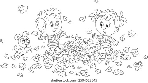 Happy little boy and girl with a merry puppy playing among swirling and fallen leaves on a walk in an autumn park, black and white vector cartoon illustration for a coloring book page