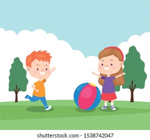 happy little boy and girl playing ball in the park, colorful design , vector illustration