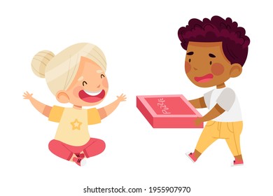 Happy Little Boy and Girl Playing Jigsaw Puzzle on the Floor Vector Illustration