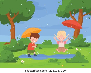 Happy little boy and girl playing in park under umbrellas in rain flat style, vector illustration. Rainy weather, childhood and fun, kids jumping in puddles