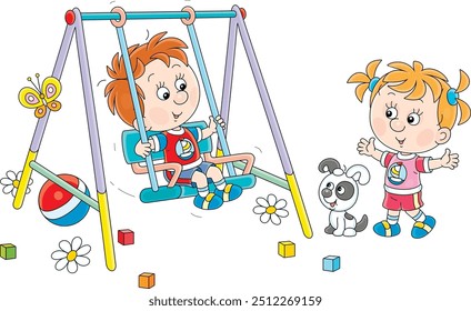 Happy little boy and girl playing and swinging on a small toy swing with their funny pup on a playground in a park, vector cartoon illustration on a white background