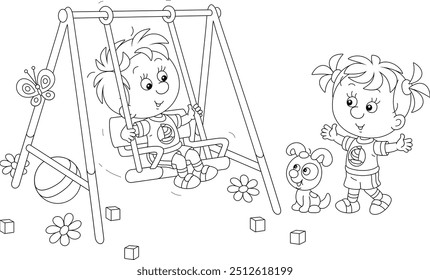 Menino e menina felizes brincando e balançando em um pequeno balanço de brinquedo com seu filhote engraçado em um parque, ilustração de desenhos animados vetoriais em preto e branco em um fundo branco
