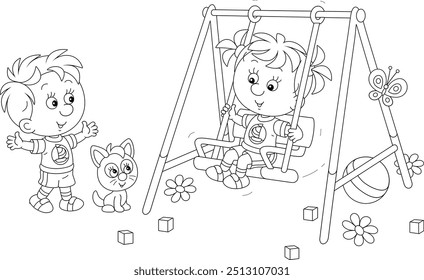 Happy little boy and girl playing and swinging on a small toy swing with their funny pup on a playground in a park, black and white vector cartoon illustration for a coloring book