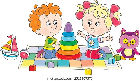 Happy little boy and girl playing with a colorful stacking rings among funny toys on a carpet in a playroom, vector cartoon illustration on a white background