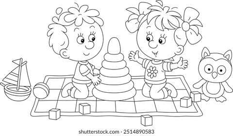 Happy little boy and girl playing with a stacking rings among funny toys on a carpet in a playroom, black and white outline vector cartoon illustration for a coloring book