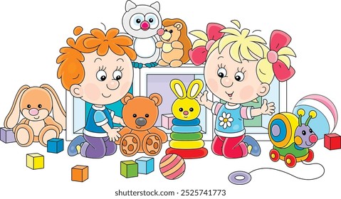 Happy little boy and girl playing with funny colorful toys in their nursery, vector cartoon illustration on a white background
