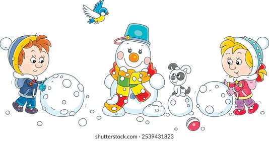 Menino e menina felizes com um cachorrinho fazendo um boneco de neve engraçado com um cachecol listrado e um balde em sua cabeça sorridente amigável em um parque de inverno, ilustração de desenho animado de vetor em um fundo branco