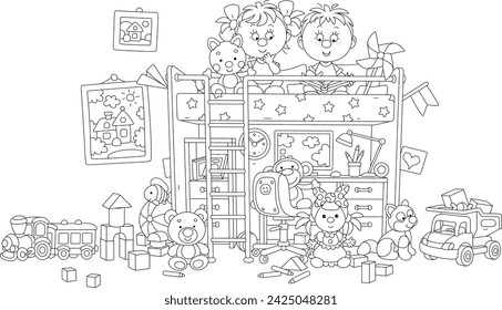 Happy little boy and girl romping with their funny toys in a nursery playroom, black and white vector cartoon illustration for a coloring book