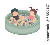 Happy little boy and girl smile and play in dry pool with colorful balls. Concept lifestyle childhood moment. Vector isolated illustration