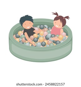 Happy little boy and girl smile and play in dry pool with colorful balls. Concept lifestyle childhood moment. Vector isolated illustration