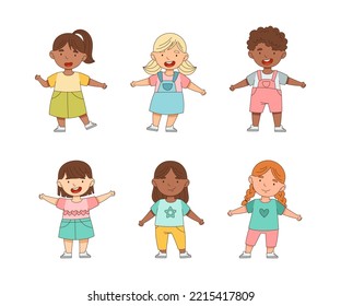 Happy Little Boy and Girl Standing with Open Arms for Hug Vector Illustration Set