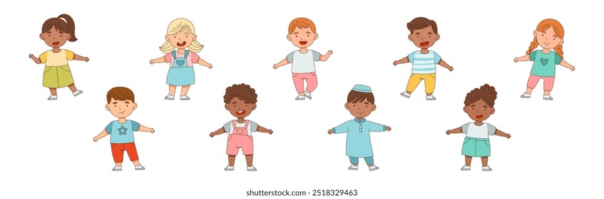 Happy Little Boy and Girl Standing with Open Arms for Hug Vector Illustration Set