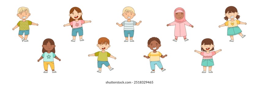 Happy Little Boy and Girl Standing with Open Arms for Hug Vector Illustration Set