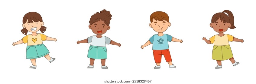 Happy Little Boy and Girl Standing with Open Arms for Hug Vector Illustration Set