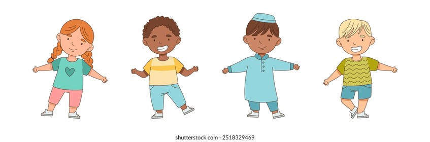 Happy Little Boy and Girl Standing with Open Arms for Hug Vector Illustration Set