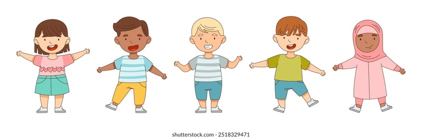 Happy Little Boy and Girl Standing with Open Arms for Hug Vector Illustration Set