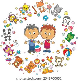 Happy little boy and girl surrounded by funny colorful toys, vector cartoon illustration on a white background