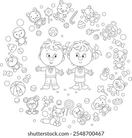 Happy little boy and girl surrounded by funny toys, black and white outline vector cartoon illustration for a coloring book