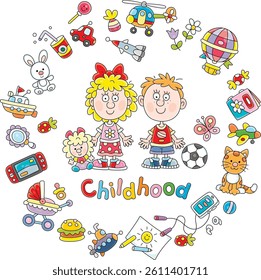 Happy little boy and girl surrounded by their funny colorful toys for games at kindergarten and home, vector cartoon illustration on a white background