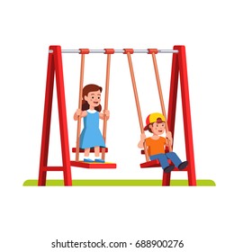 Happy little boy & girl swinging on swing in public park or kindergarten playground. School or preschool kids friends playing together outside. Flat cartoon vector illustration isolated on white.