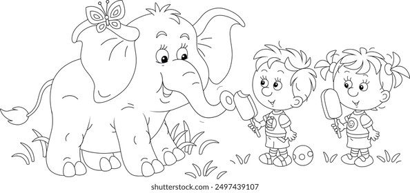 Happy little boy and girl treating tasty and cold chocolate ice cream to a funny baby elephant at a petting zoo on a warm summer day, black and white vector cartoon illustration for a coloring book