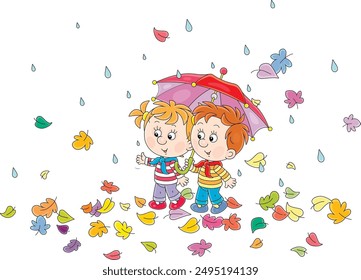 Happy little boy and girl with an umbrella walking and friendly talking among colorful fallen leaves in a park on a rainy autumn day, vector cartoon illustration isolated on a white background