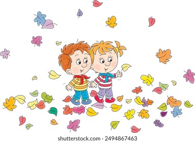 Happy little boy and girl walking and friendly talking among colorful fallen leaves in an autumn park, vector cartoon illustration isolated on a white background