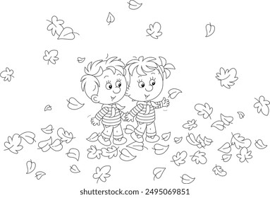 Happy little boy and girl walking and friendly talking among fallen leaves in an autumn park, black and white outline vector cartoon illustration for a coloring book