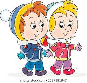 Happy little boy and girl wearing warm winter cloths, walking and friendly talking, vector cartoon illustration isolated on a white background