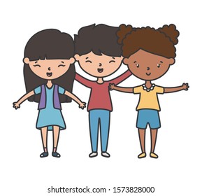 happy little boy and girls cartoon hands up vector illustration