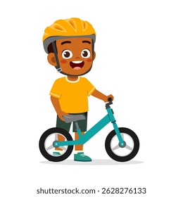 Happy Little Boy in Helmet with Bicycle Standing and Smiling on Isolated Background