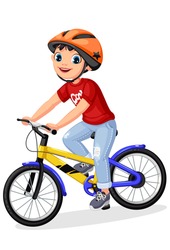 Happy Little Boy In Helmet Riding Bicycle