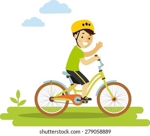 Happy little boy in helmet riding bikes isolated on white background in flat style