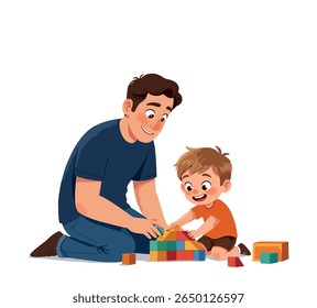 Happy little boy and his dad playing construction game together – parenting love and playful learning concept.