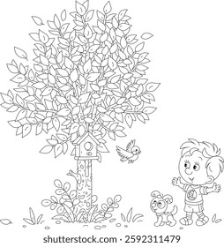 Happy little boy with his funny puppy fastened a wooden homemade birdhouse for a small bird to a tree in a spring park, black and white outline vector cartoon illustration for a coloring book