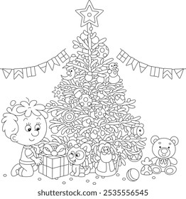 Happy little boy with his gift box near a Christmas tree decorated with funny holiday toys, balls, sweets and garlands, black and white outline vector cartoon illustration for a coloring book