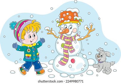 Happy little boy and his merry pup playing and jumping around a funny snowman in a snowy winter park, vector cartoon illustration isolated on a white background