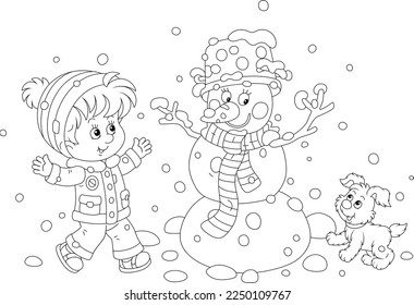 Happy little boy and his merry pup playing and jumping around a funny snowman in a snowy winter park, black and white outline vector cartoon illustration for a coloring book