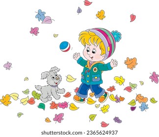 Happy little boy and his merry pup playing with a small ball among colorful fallen leaves on a walk in an autumn park, vector cartoon illustration isolated on a white background